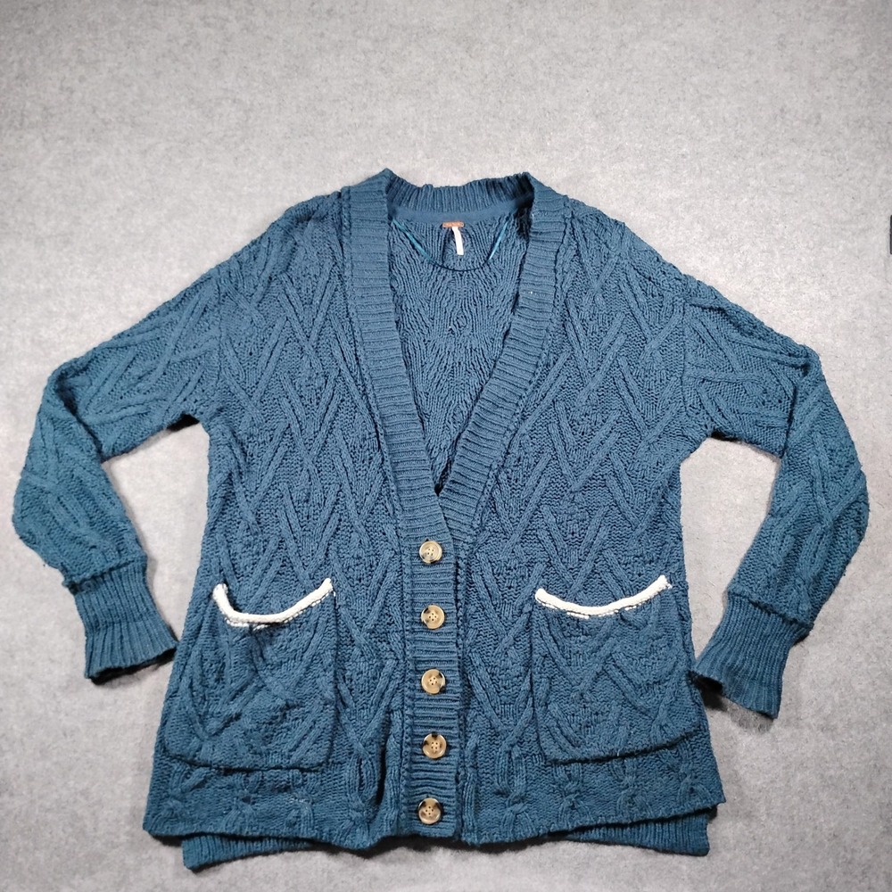 Free People Montana Cable Cardigan Women's XS Blue Knit Button Up Oversized Boho